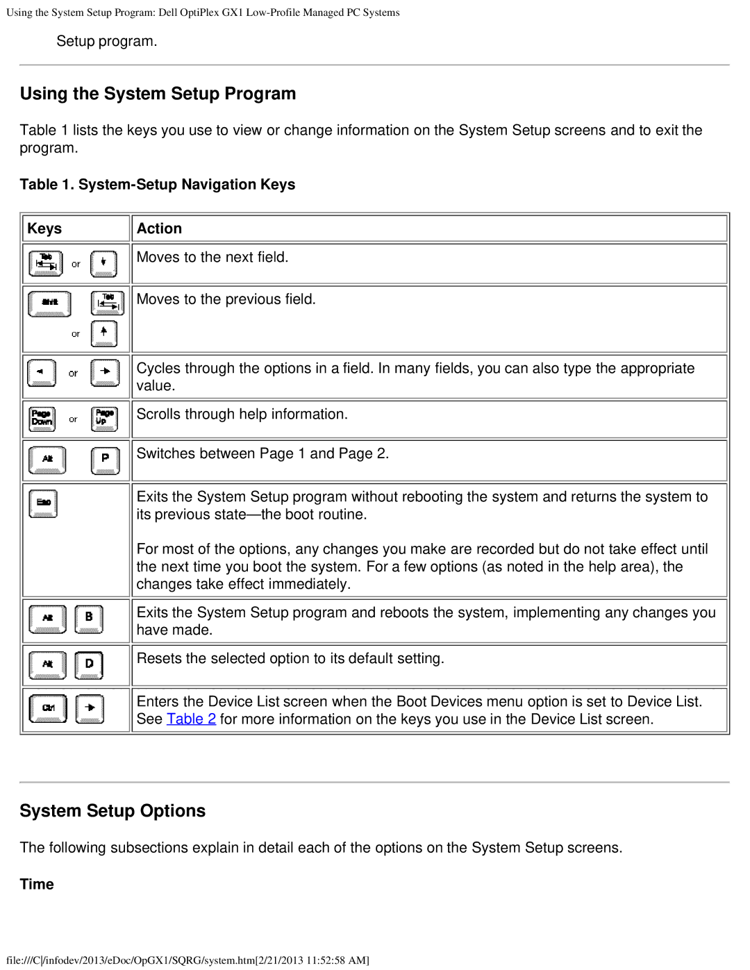 Dell GX1 Using the System Setup Program, System Setup Options, System-Setup Navigation Keys Keys Action, Time 