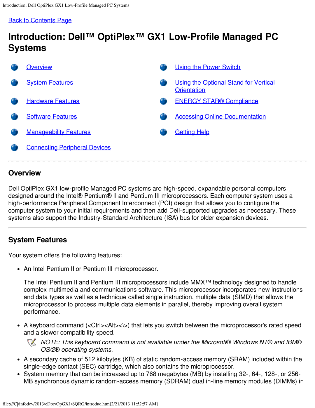 Dell GX1 technical specifications Overview, System Features 