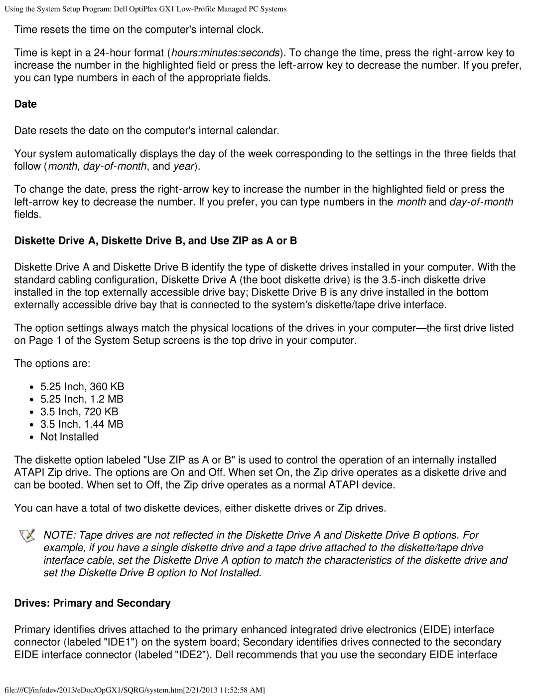 Dell GX1 Date, Diskette Drive A, Diskette Drive B, and Use ZIP as a or B, Drives Primary and Secondary 