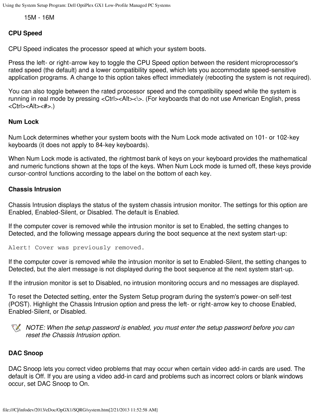 Dell GX1 technical specifications CPU Speed, Num Lock, Chassis Intrusion, DAC Snoop 