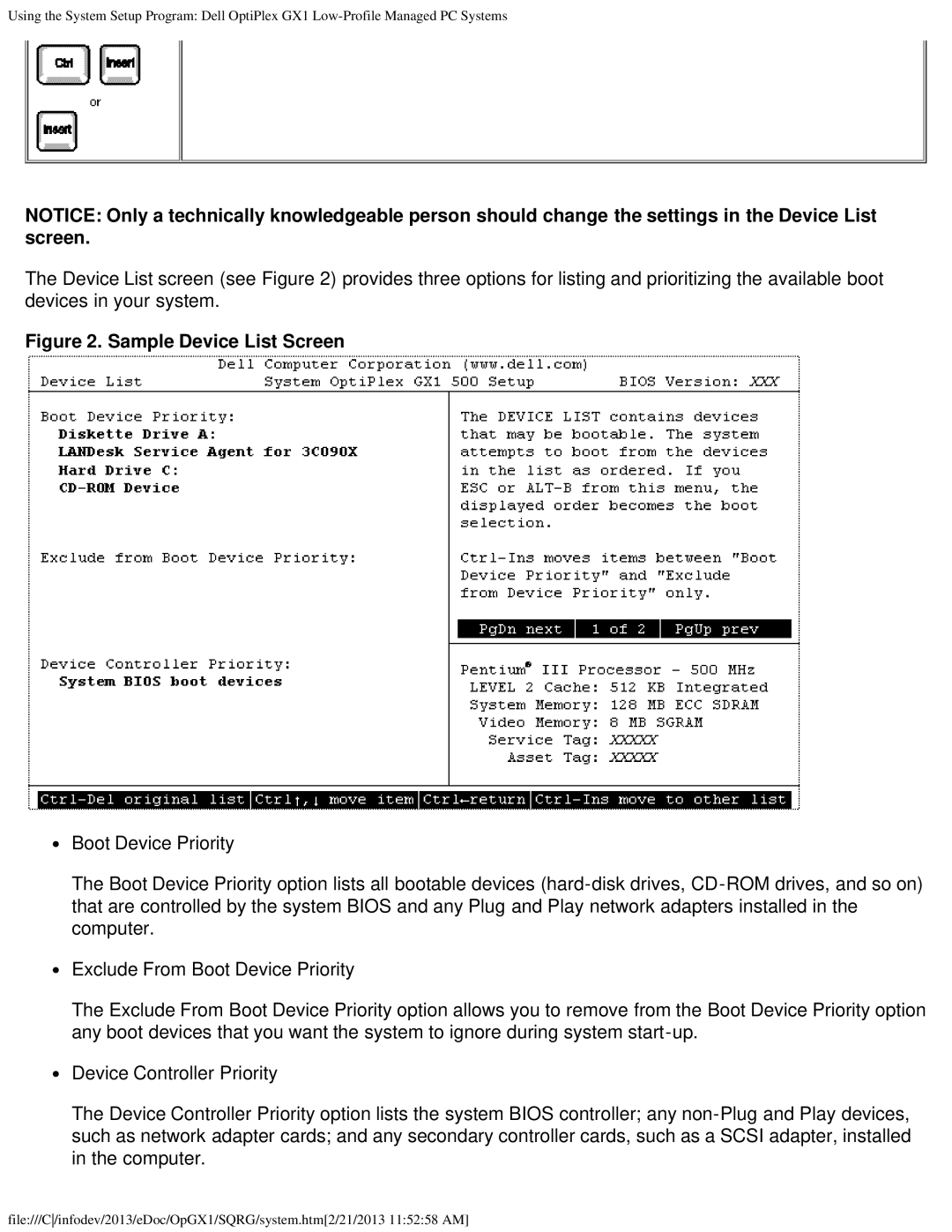 Dell GX1 technical specifications Sample Device List Screen 