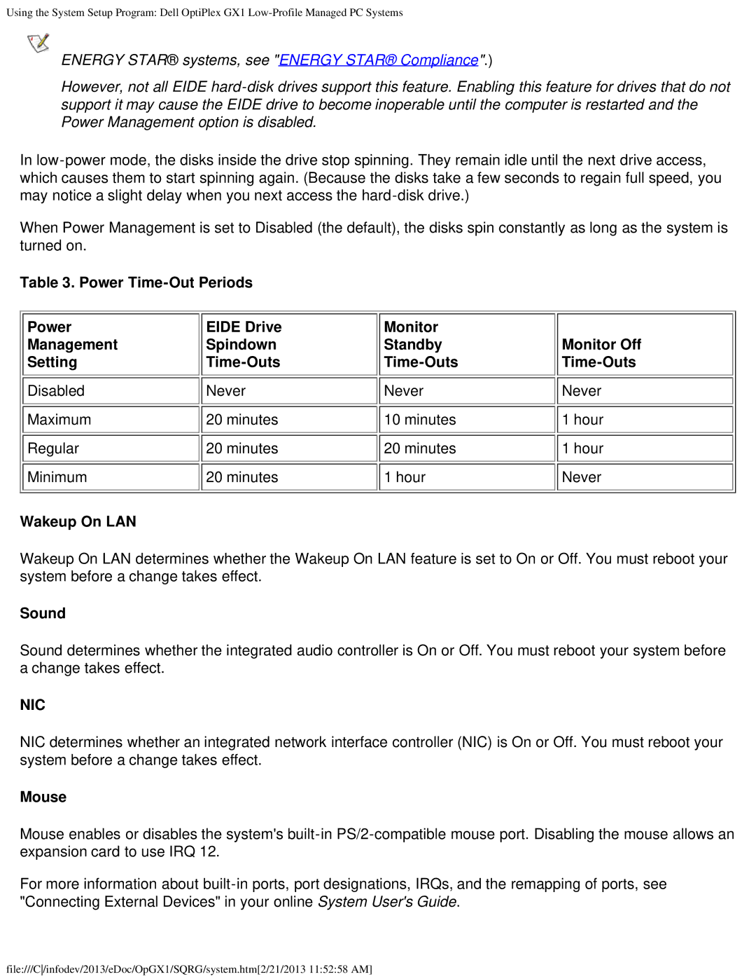 Dell GX1 technical specifications Sound, Mouse 