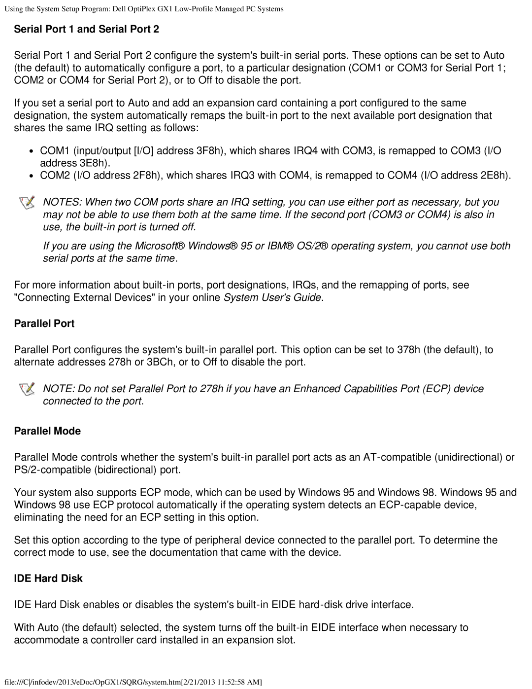 Dell GX1 technical specifications Serial Port 1 and Serial Port, Parallel Port, Parallel Mode, IDE Hard Disk 