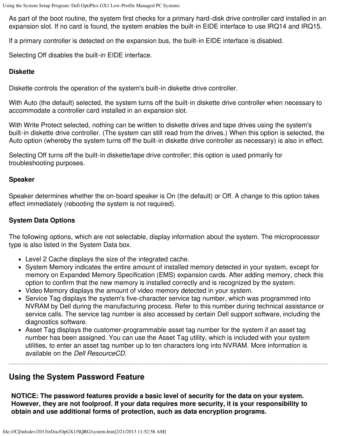 Dell GX1 technical specifications Using the System Password Feature, Diskette, Speaker, System Data Options 