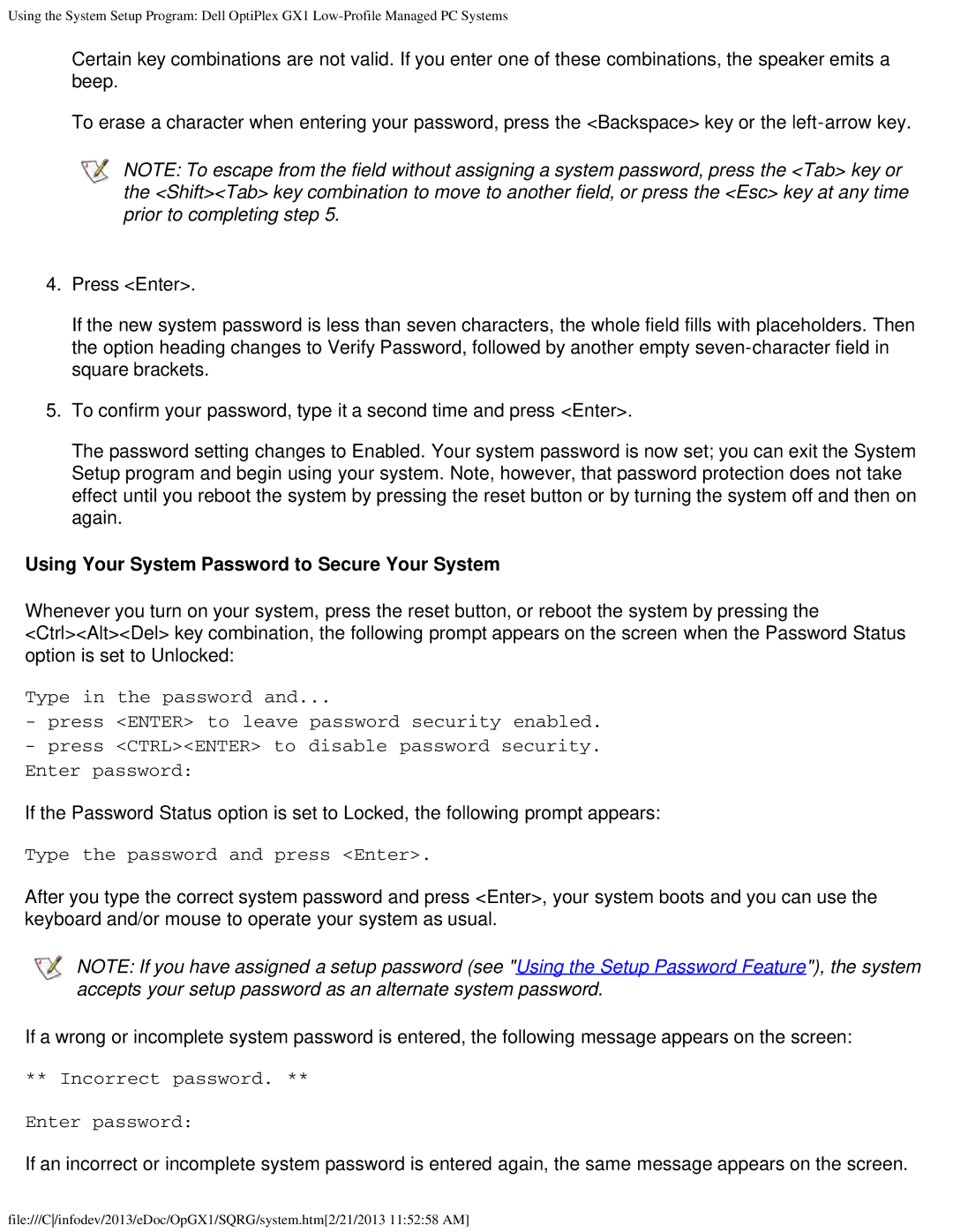 Dell GX1 technical specifications Using Your System Password to Secure Your System, Type the password and press Enter 