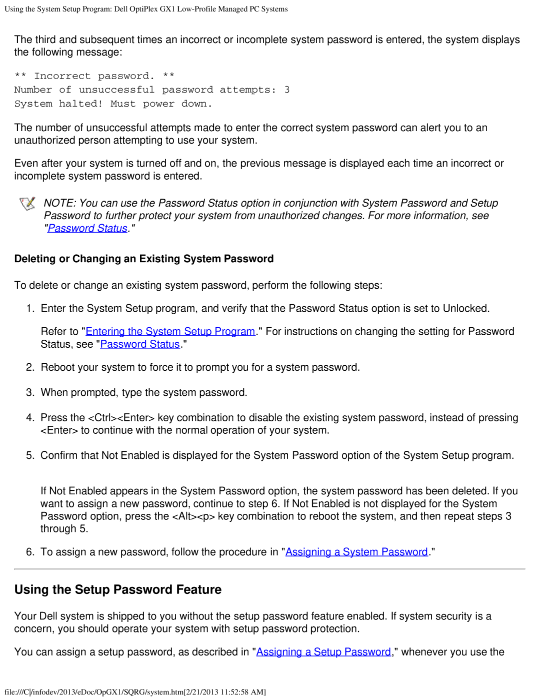 Dell GX1 technical specifications Using the Setup Password Feature, Deleting or Changing an Existing System Password 