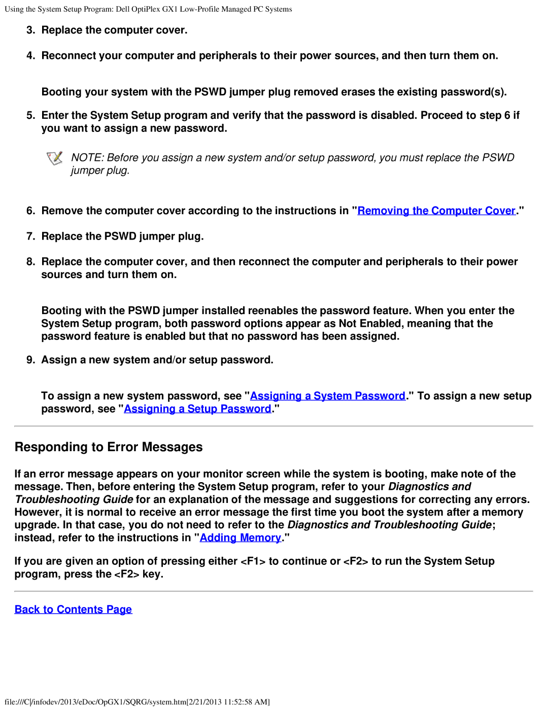 Dell GX1 technical specifications Responding to Error Messages, Back to Contents 