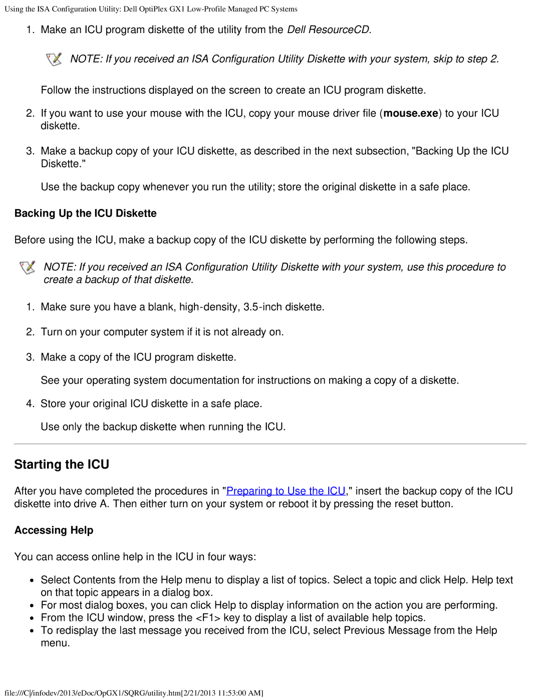 Dell GX1 technical specifications Starting the ICU, Backing Up the ICU Diskette, Accessing Help 