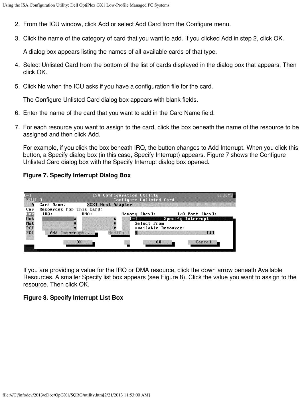 Dell GX1 technical specifications Specify Interrupt Dialog Box 