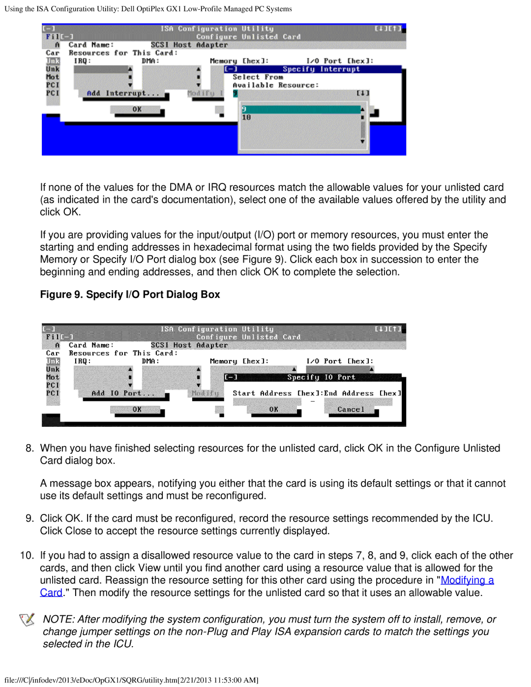 Dell GX1 technical specifications Specify I/O Port Dialog Box 