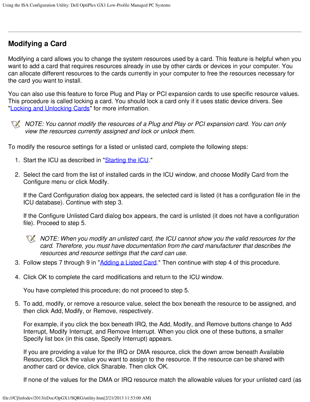 Dell GX1 technical specifications Modifying a Card 