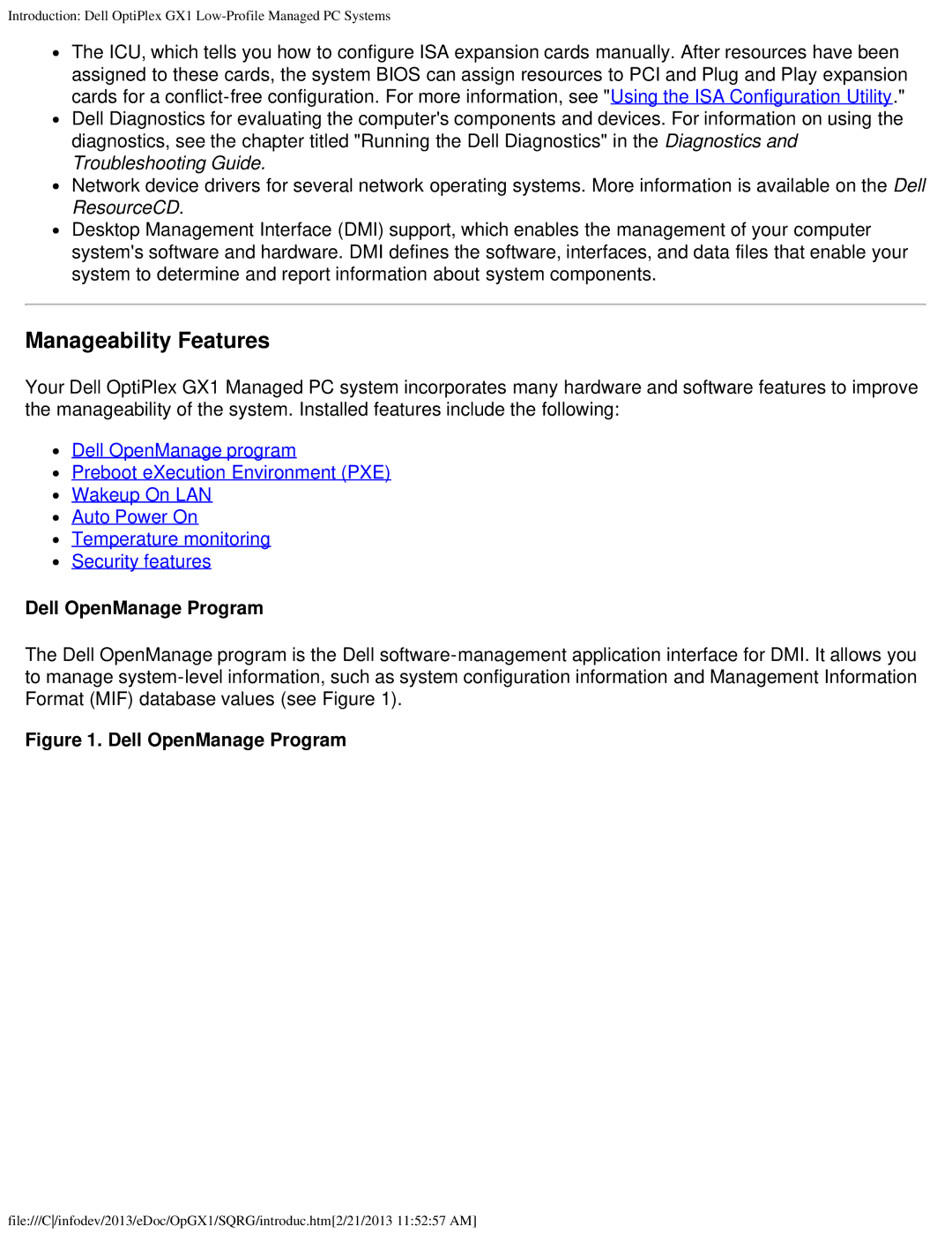 Dell GX1 technical specifications Manageability Features, Dell OpenManage Program 