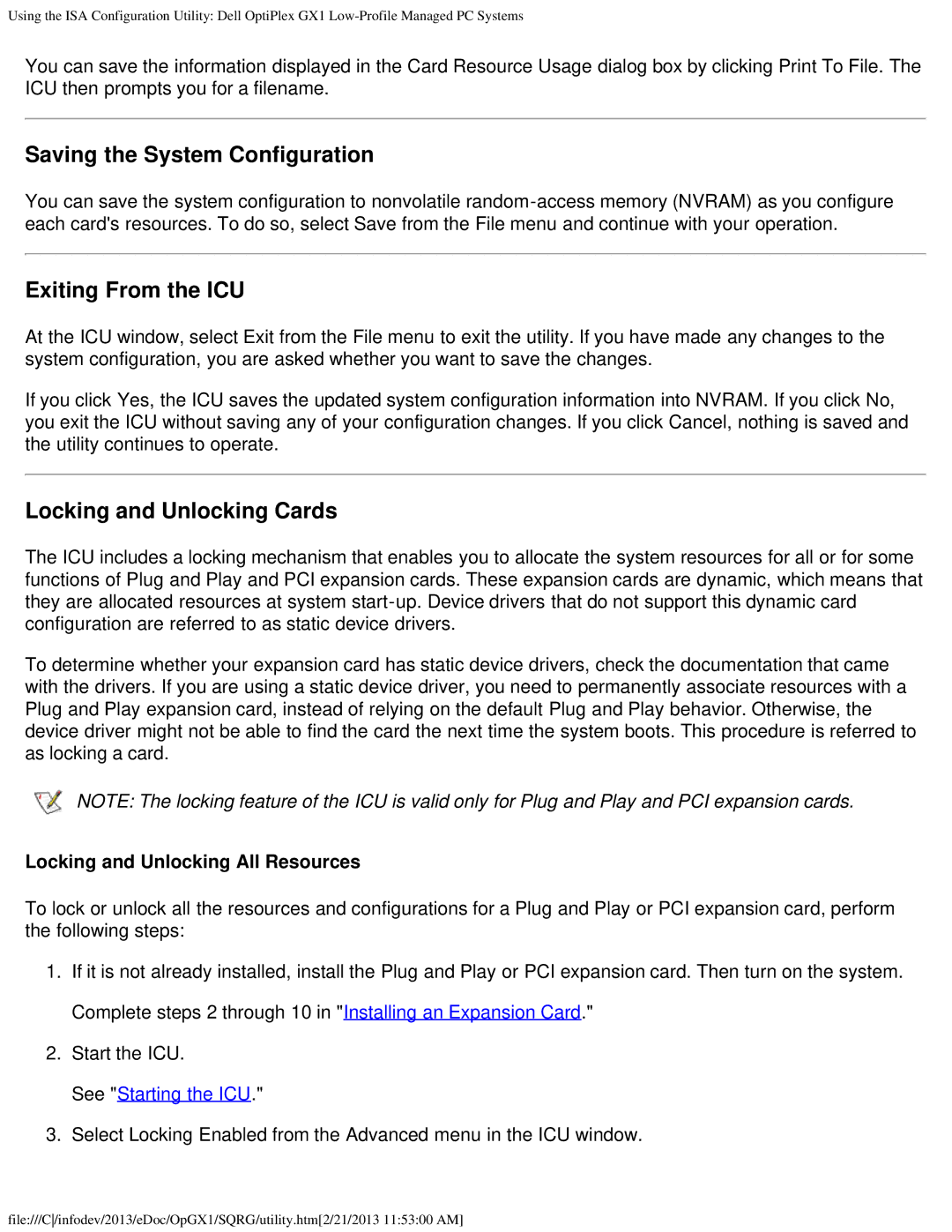 Dell GX1 technical specifications Saving the System Configuration, Exiting From the ICU, Locking and Unlocking Cards 