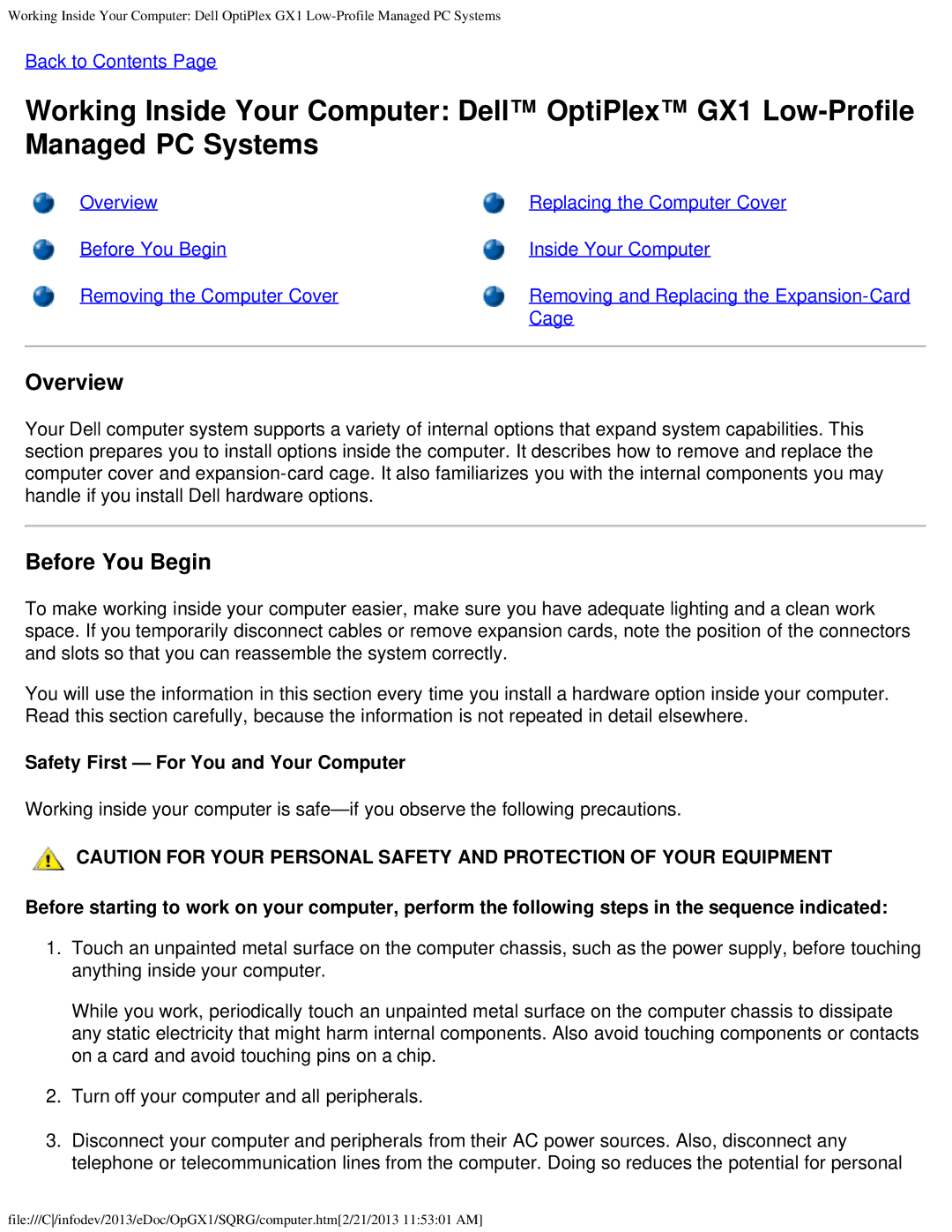 Dell GX1 technical specifications Before You Begin, Safety First For You and Your Computer 