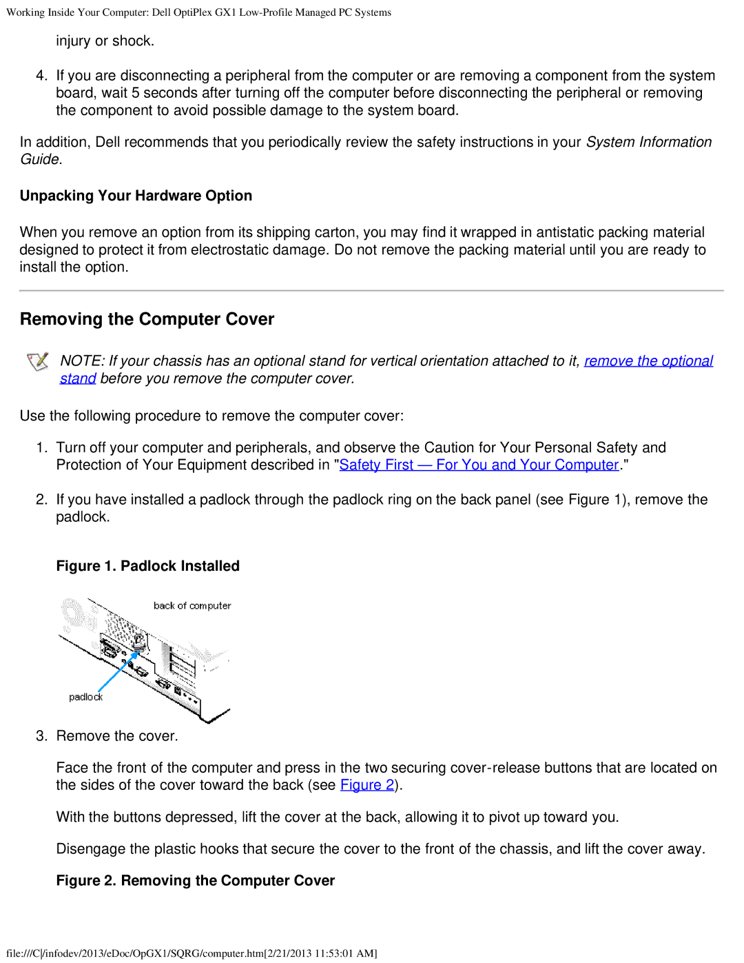 Dell GX1 technical specifications Removing the Computer Cover, Unpacking Your Hardware Option 