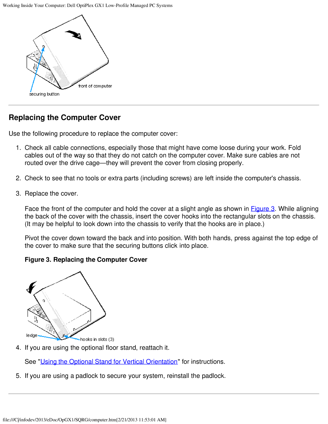 Dell GX1 technical specifications Replacing the Computer Cover 