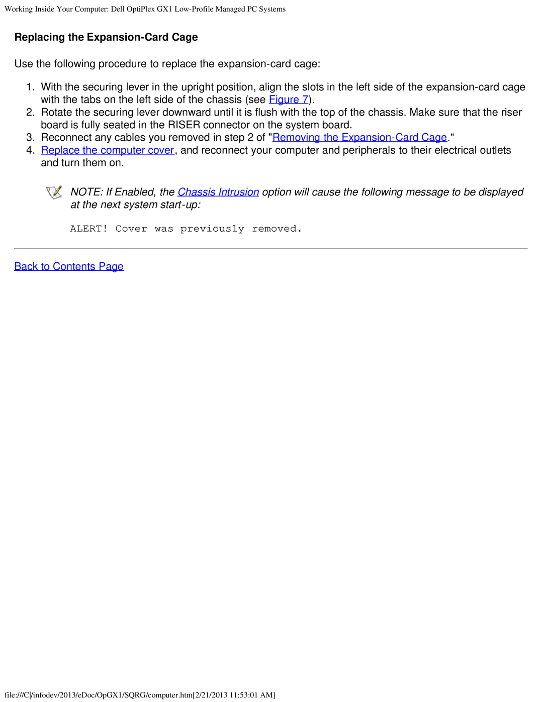 Dell GX1 technical specifications Replacing the Expansion-Card Cage 