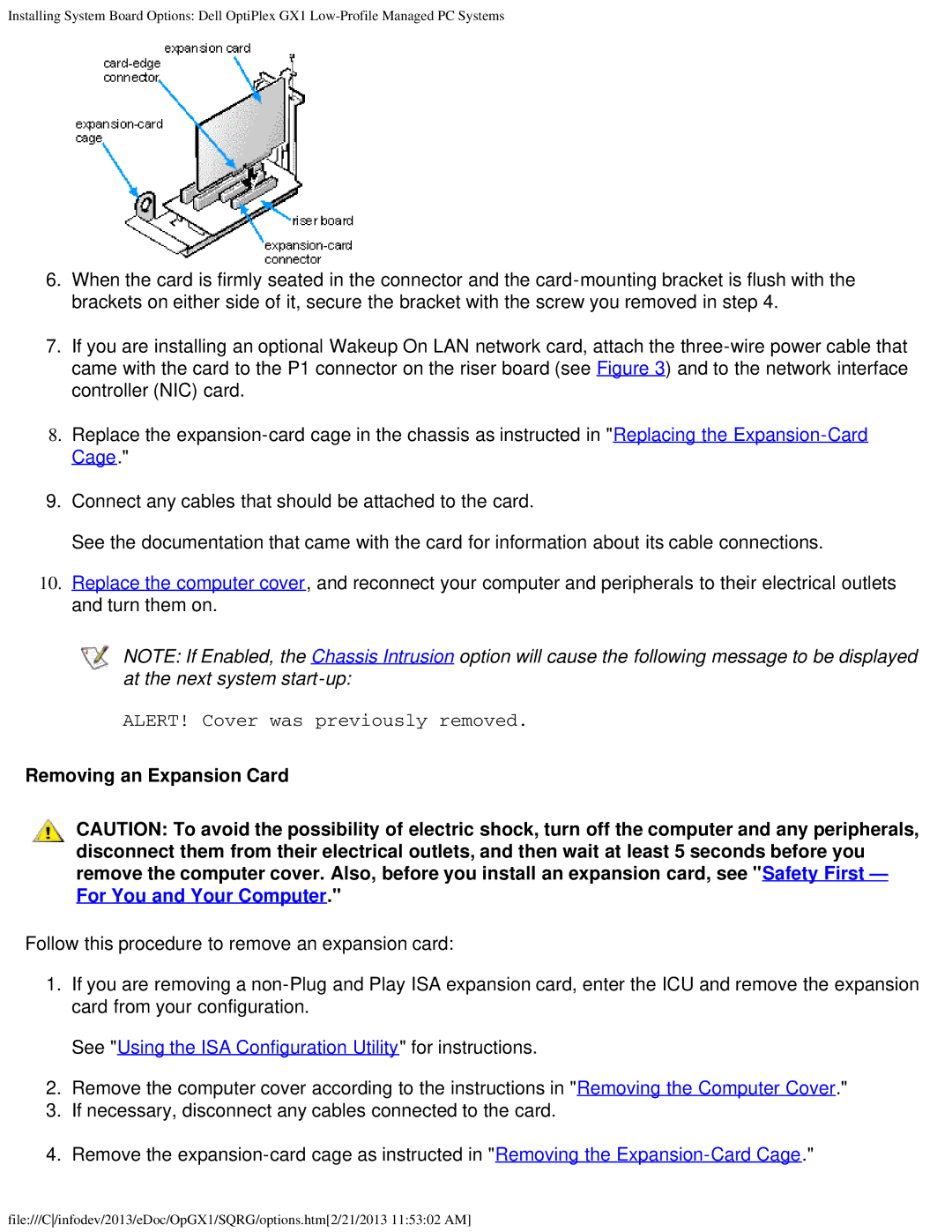 Dell GX1 technical specifications Removing an Expansion Card 