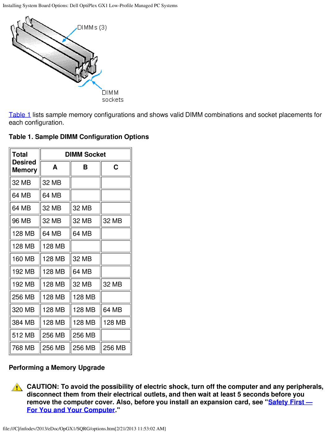 Dell GX1 technical specifications Performing a Memory Upgrade 