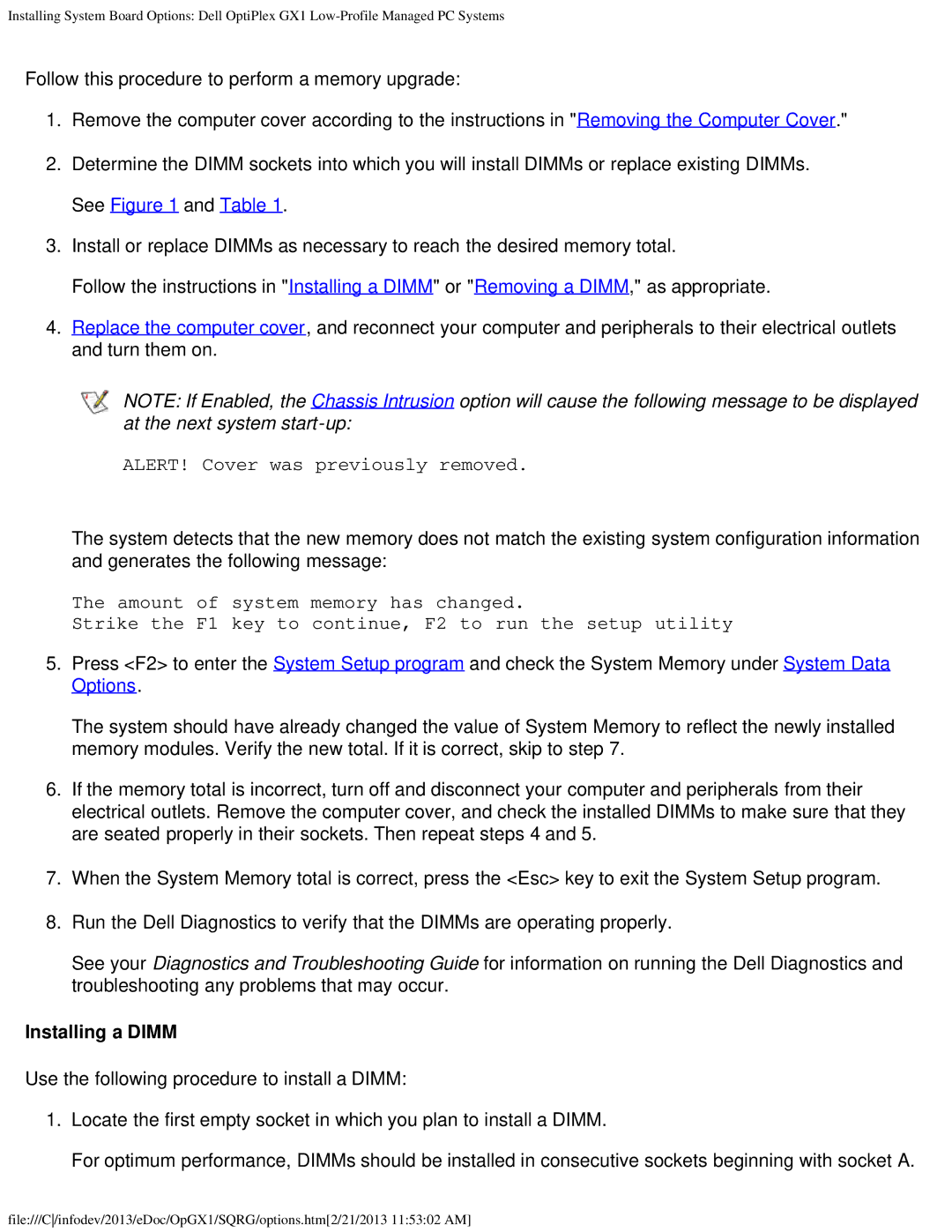 Dell GX1 technical specifications Installing a Dimm 