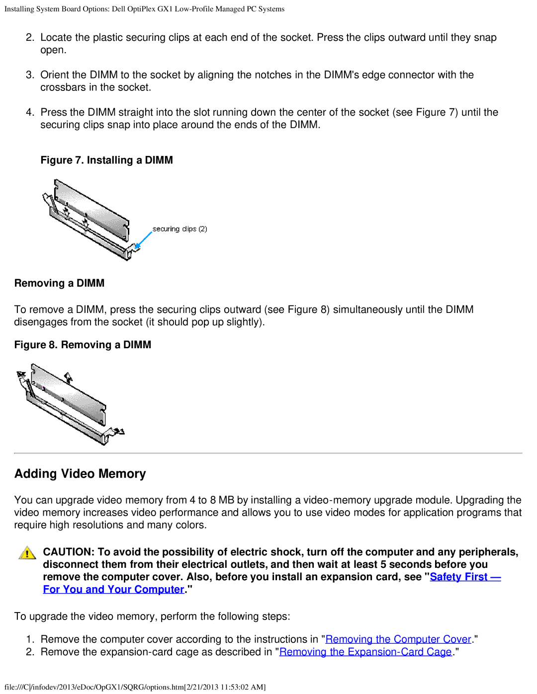 Dell GX1 technical specifications Adding Video Memory, Installing a Dimm Removing a Dimm 