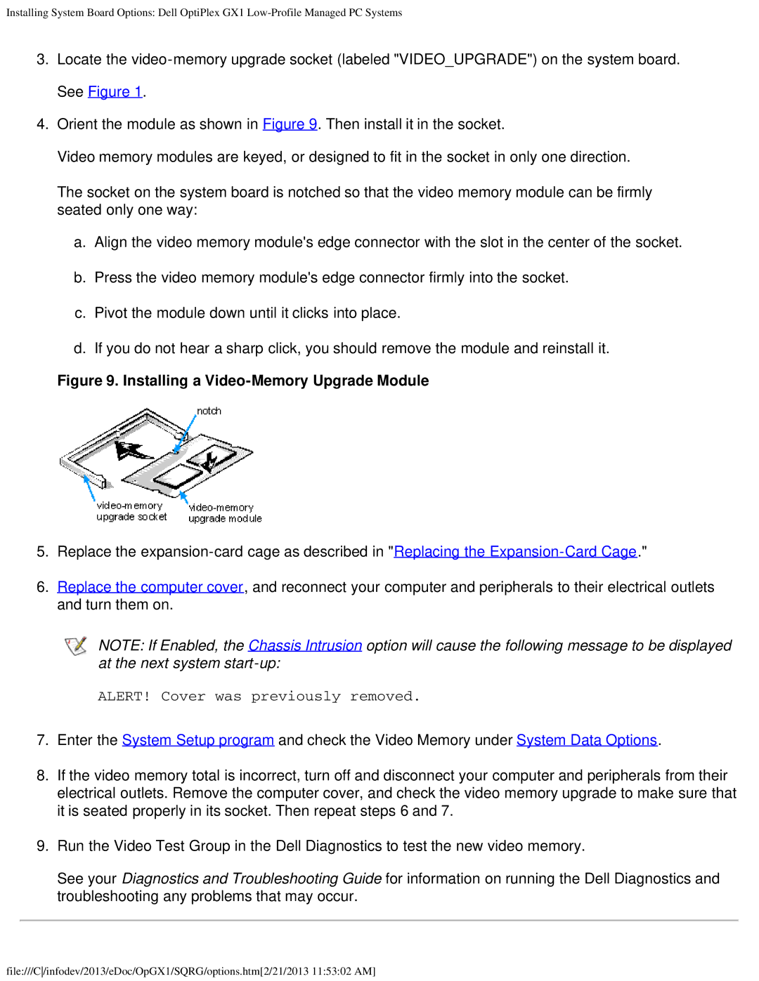 Dell GX1 technical specifications Installing a Video-Memory Upgrade Module 