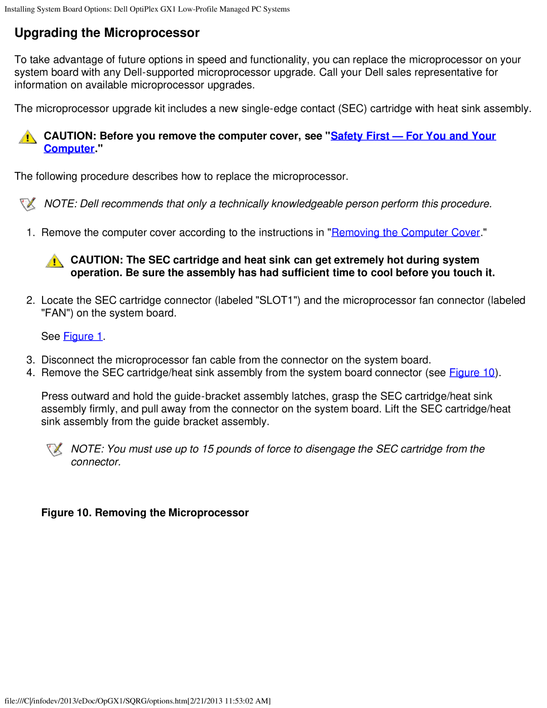 Dell GX1 technical specifications Upgrading the Microprocessor, Removing the Microprocessor 