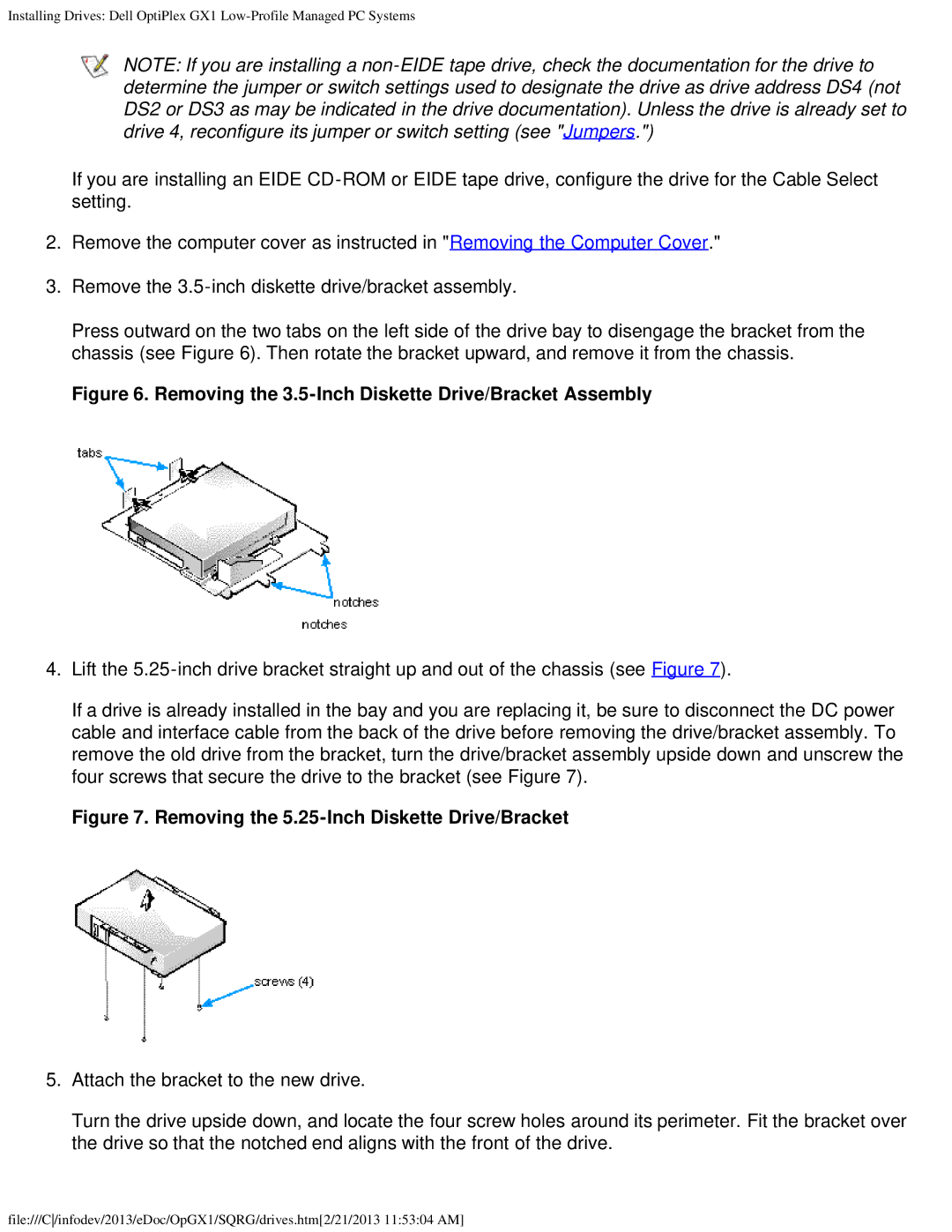 Dell GX1 technical specifications Removing the 3.5-Inch Diskette Drive/Bracket Assembly 