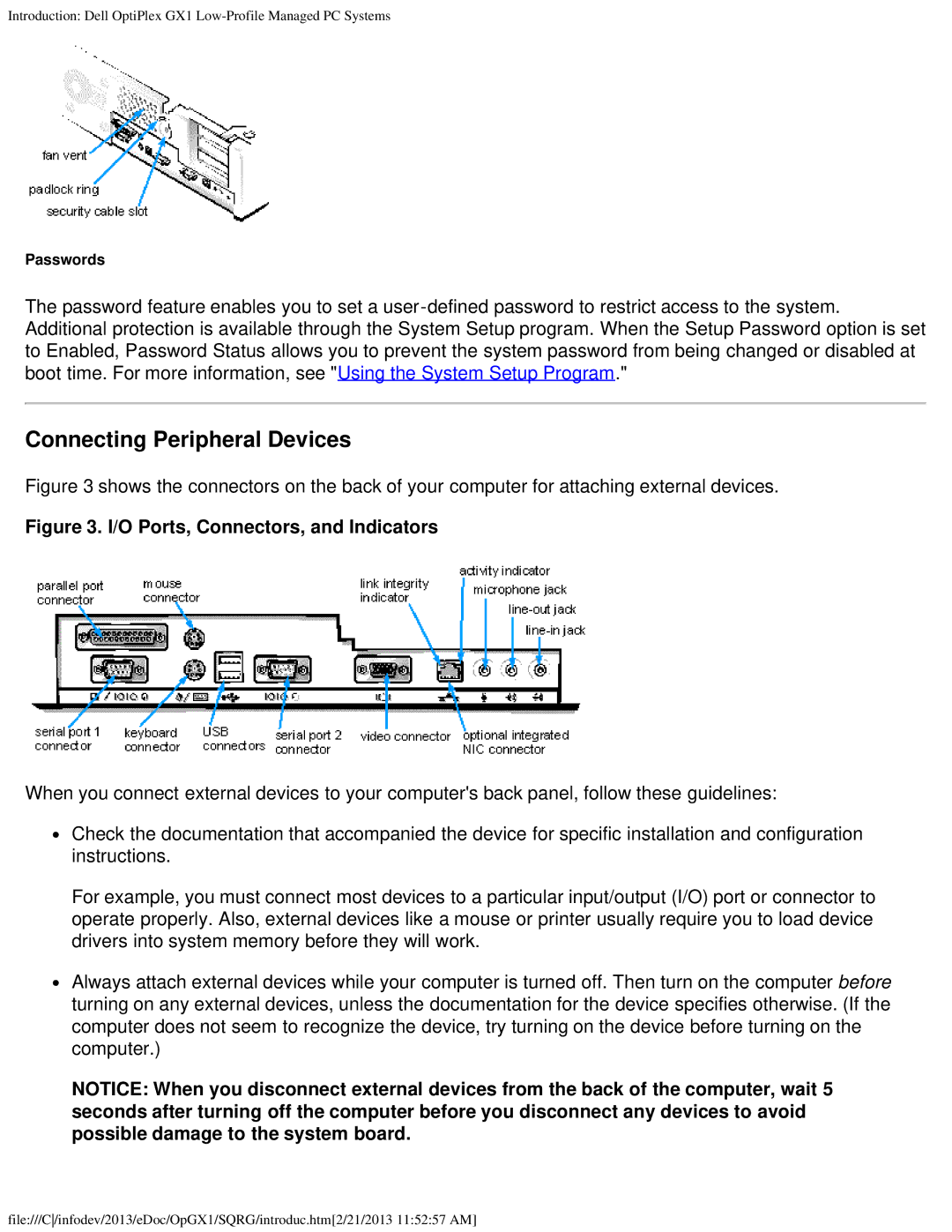 Dell GX1 technical specifications Connecting Peripheral Devices, O Ports, Connectors, and Indicators 