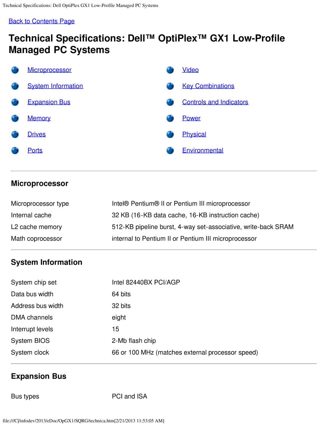 Dell GX1 technical specifications Microprocessor, System Information, Expansion Bus 