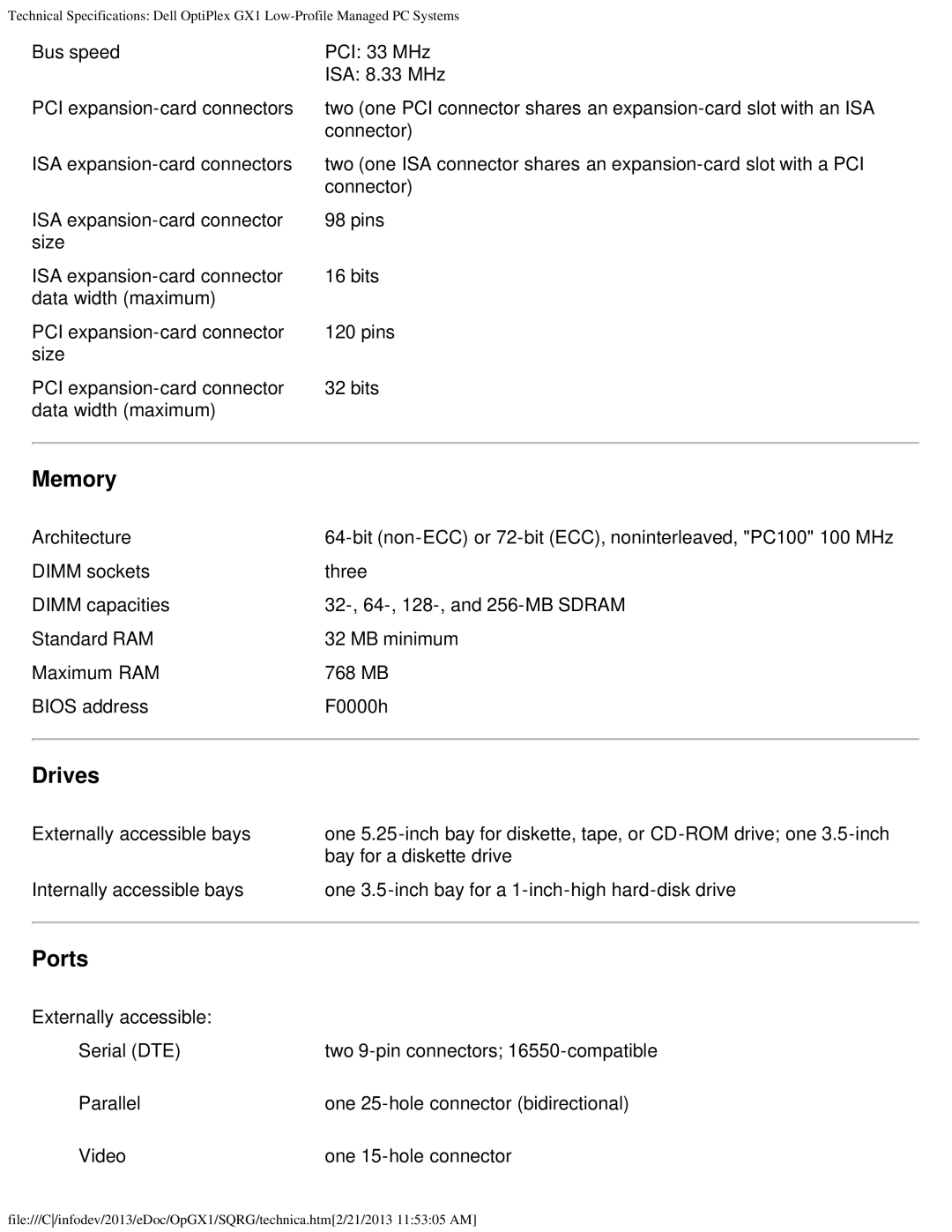 Dell GX1 technical specifications Memory, Drives, Ports 