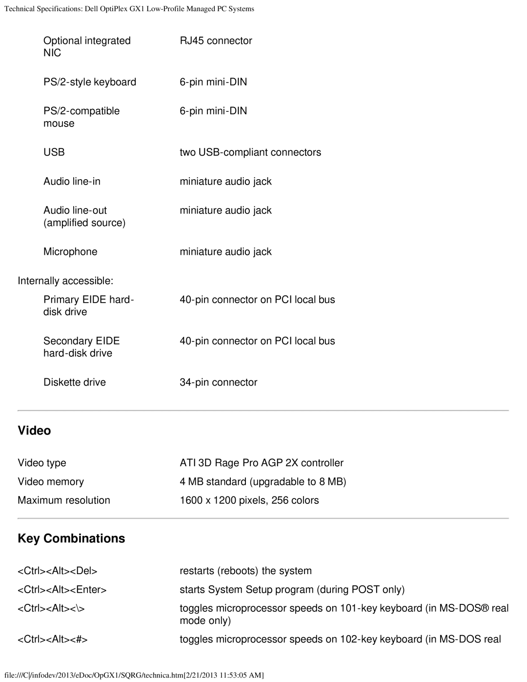 Dell GX1 technical specifications Video, Key Combinations 