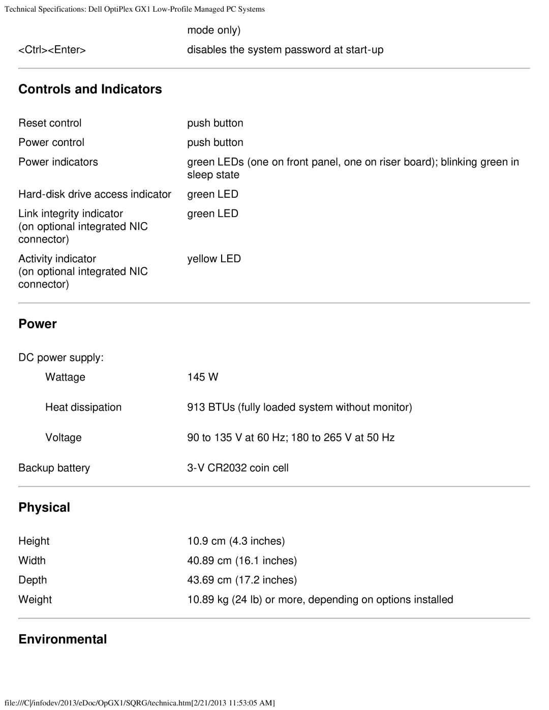 Dell GX1 technical specifications Controls and Indicators, Power, Physical, Environmental 