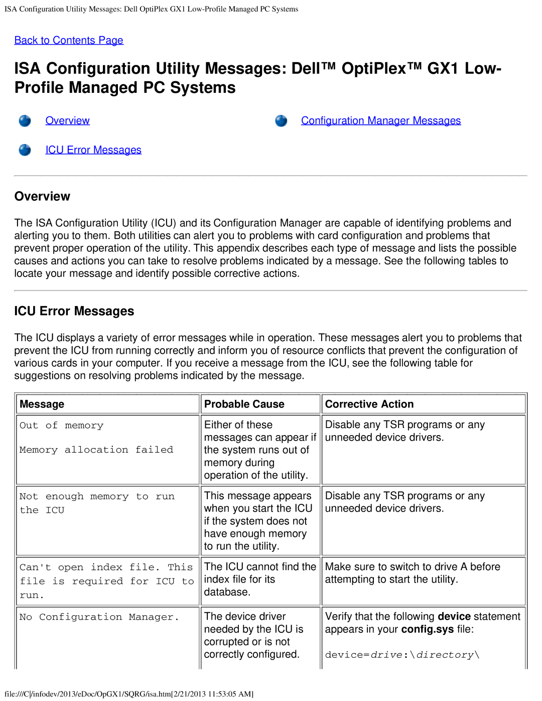 Dell GX1 technical specifications ICU Error Messages, Message Probable Cause Corrective Action 