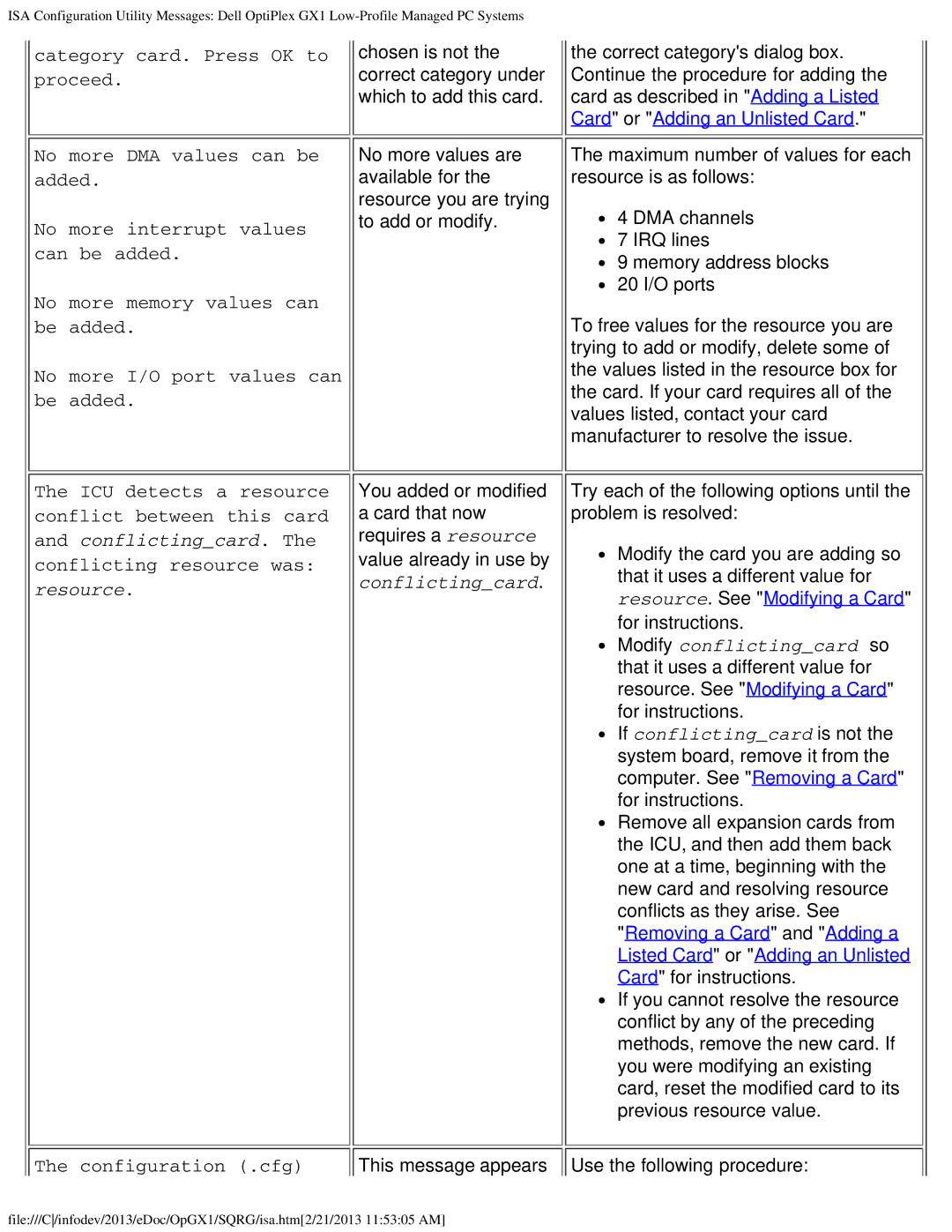 Dell GX1 technical specifications Conflictingcard 