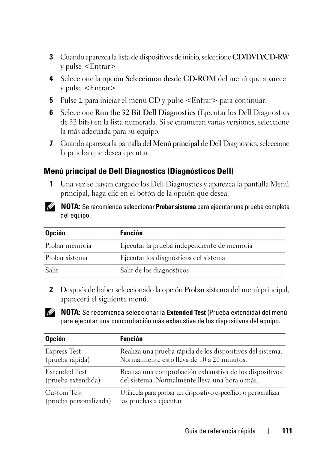 Dell GX148 manual Menú principal de Dell Diagnostics Diagnósticos Dell, 111, Opción Función 