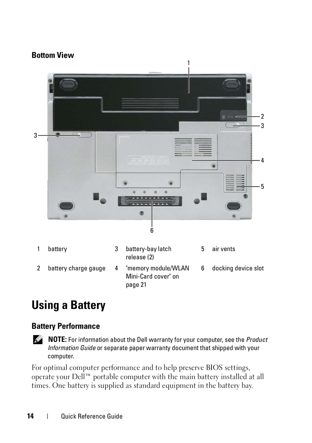 Dell GX148 manual Using a Battery, Bottom View, Battery Performance, Battery Battery-bay latch Air vents Release 