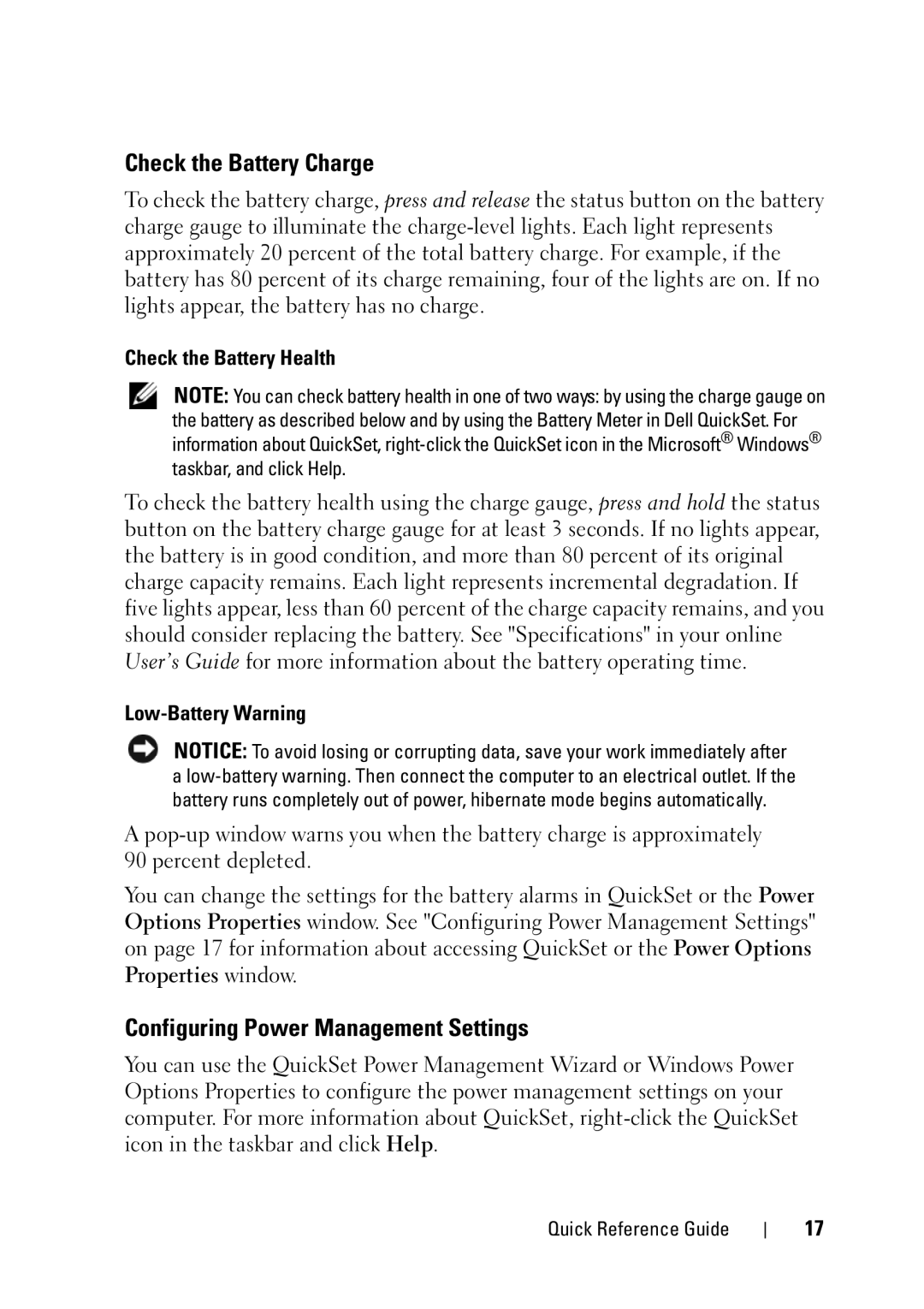 Dell GX148 Check the Battery Charge, Configuring Power Management Settings, Check the Battery Health, Low-Battery Warning 