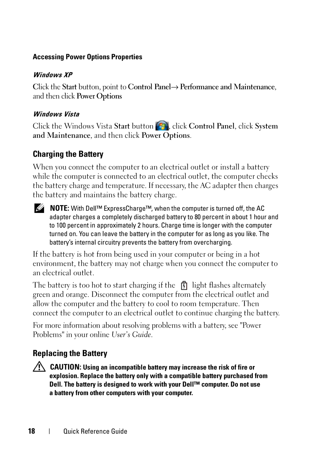 Dell GX148 manual Charging the Battery, Replacing the Battery, Accessing Power Options Properties 