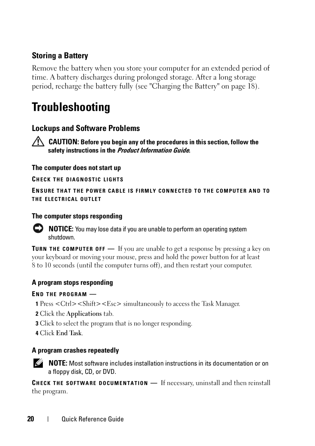 Dell GX148 manual Troubleshooting, Storing a Battery, Lockups and Software Problems 