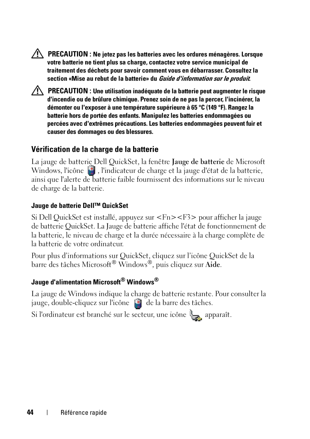 Dell GX148 manual Vérification de la charge de la batterie, Jauge de batterie Dell QuickSet 