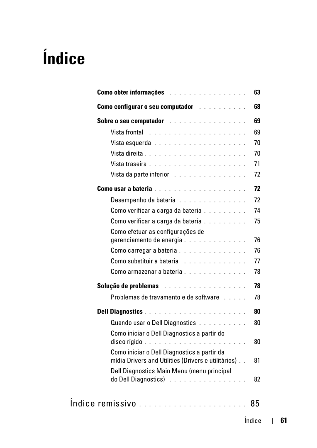 Dell GX148 manual Como configurar o seu computador, Como substituir a bateria Como armazenar a bateria, Índice 