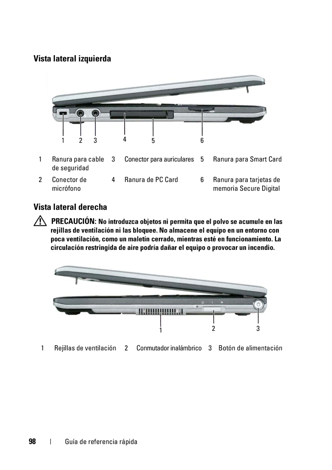 Dell GX148 manual Vista lateral izquierda, Vista lateral derecha, Ranura de PC Card, Micrófono 