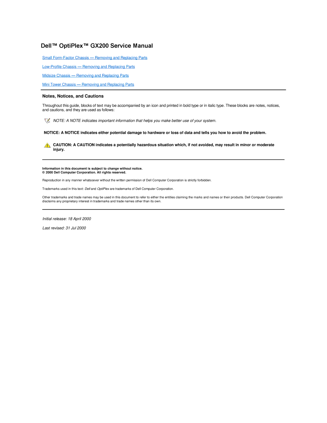 Dell GX200 manual Initial release 18 April Last revised 31 Jul 