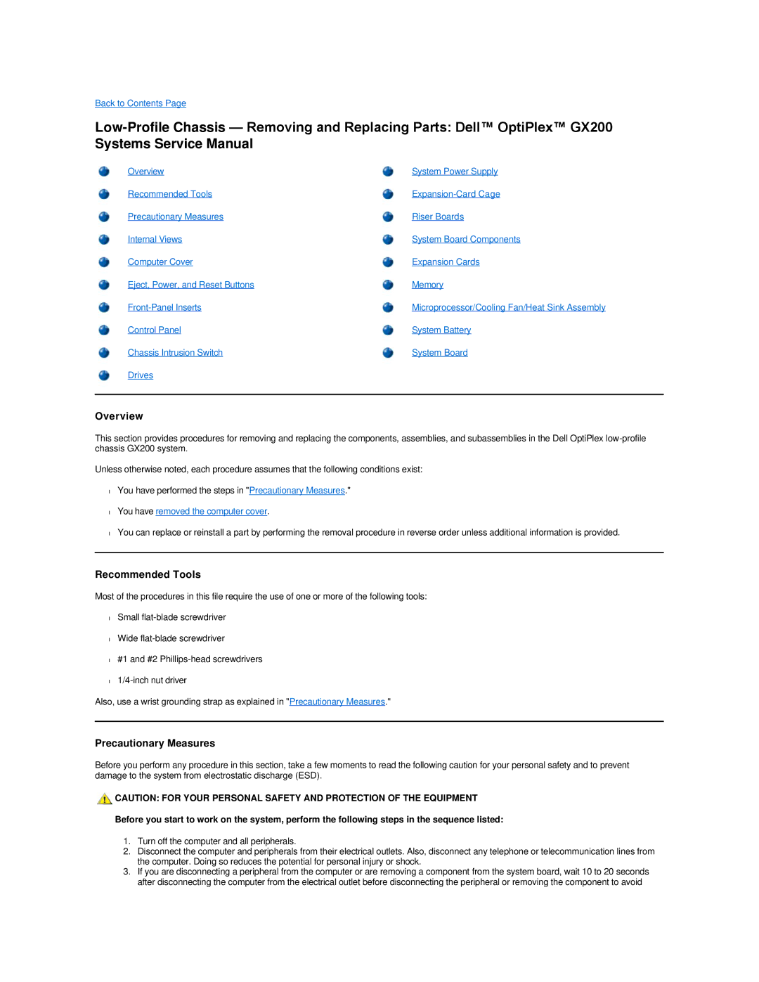 Dell GX200 manual Overview, Recommended Tools, Precautionary Measures, You have removed the computer cover 