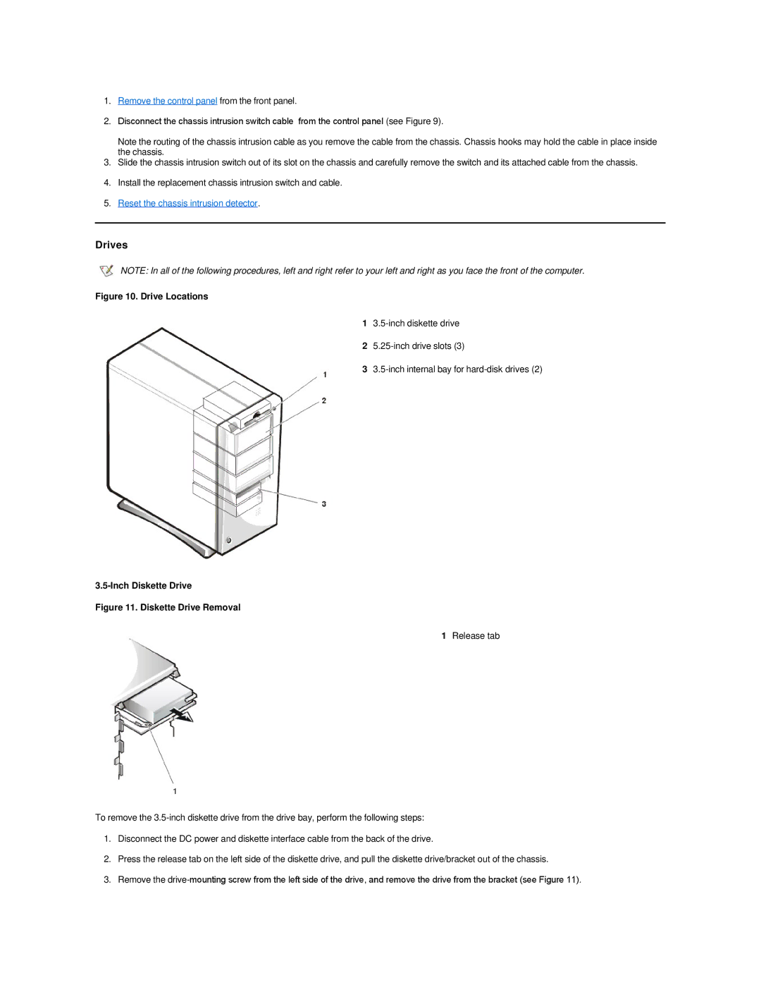 Dell GX200 manual Remove the control panel from the front panel, Diskette Drive Removal 