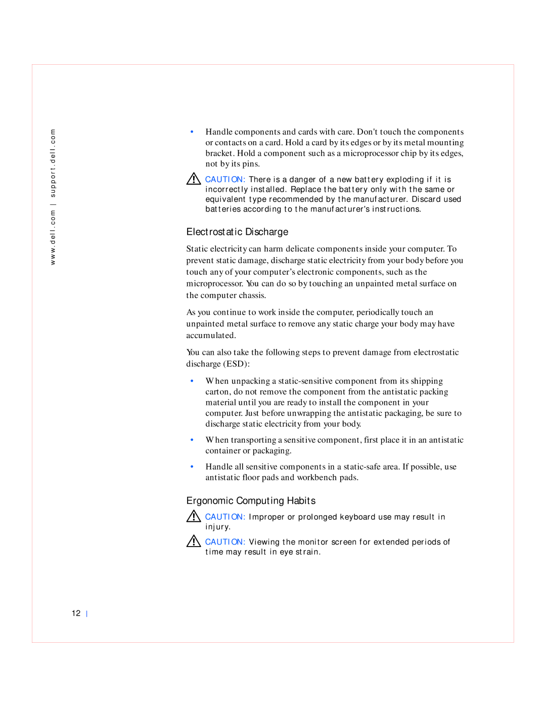 Dell GX240 manual Electrostatic Discharge, Ergonomic Computing Habits 