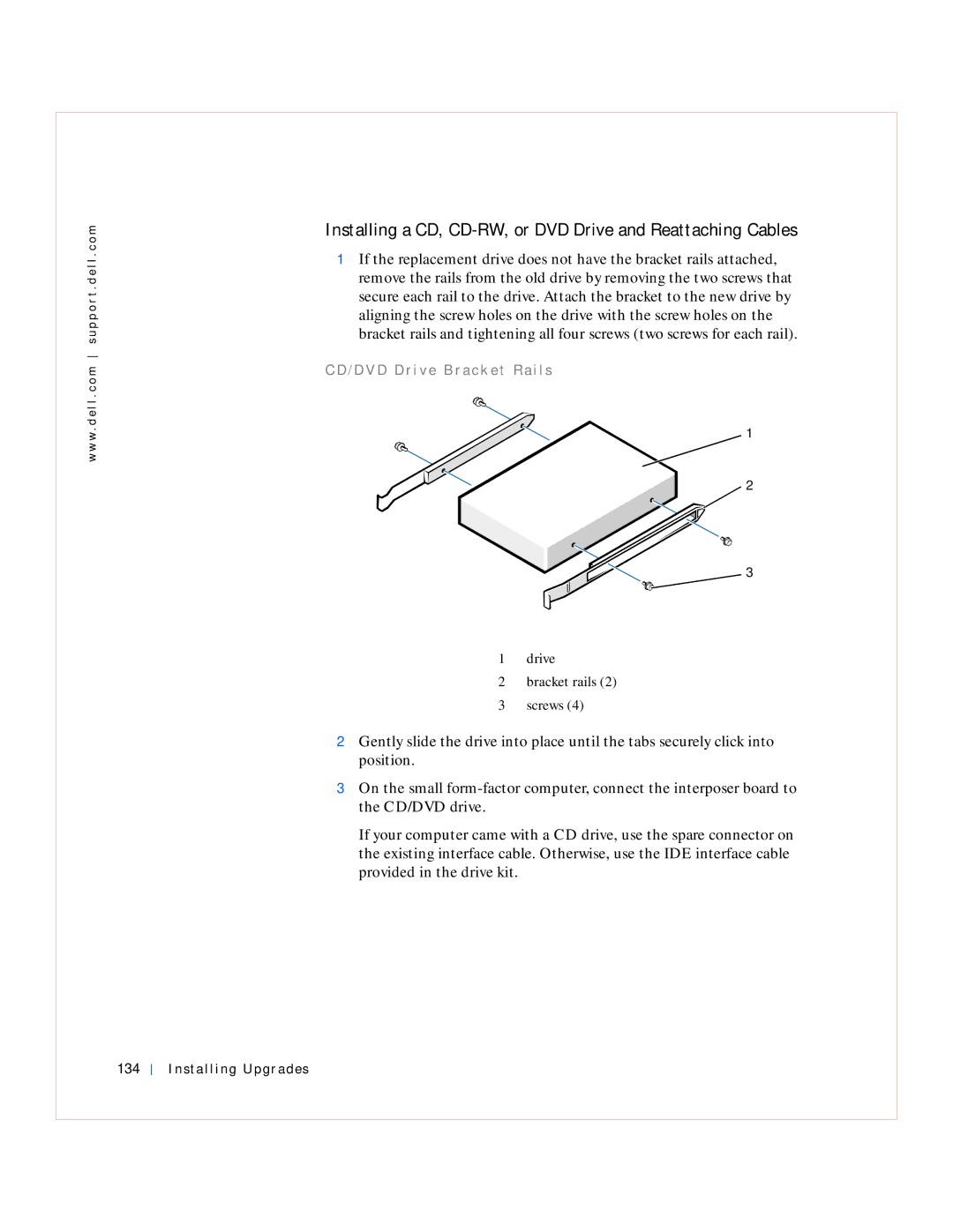 Dell GX240 manual Installing a CD, CD-RW, or DVD Drive and Reattaching Cables, Installing Upgrades 