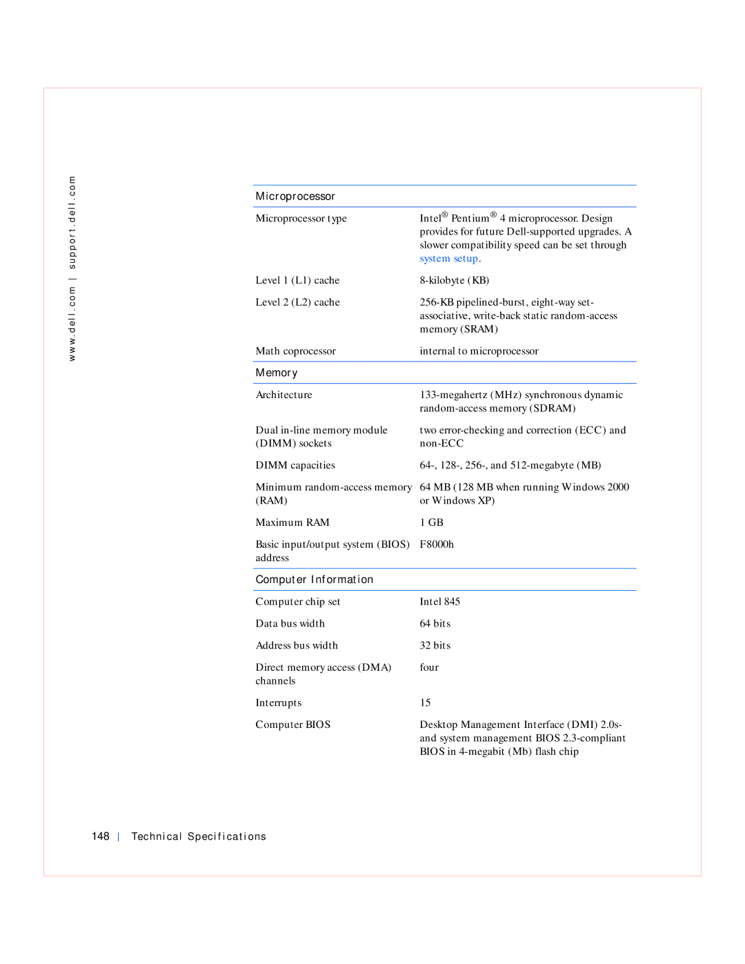 Dell GX240 manual Memory, Computer Information, Technical Specifications 