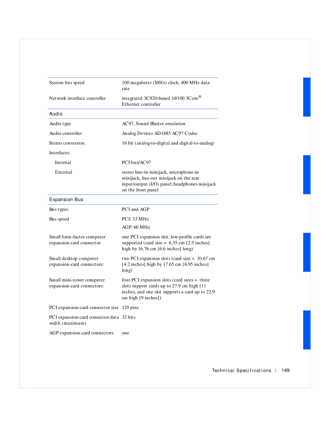 Dell GX240 manual Audio, Expansion Bus, Technical Specifications 149 